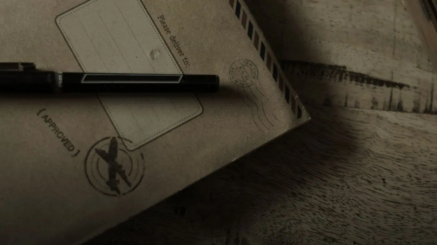 A brown envelope stamped approved, beside a pen on a wooden desk
