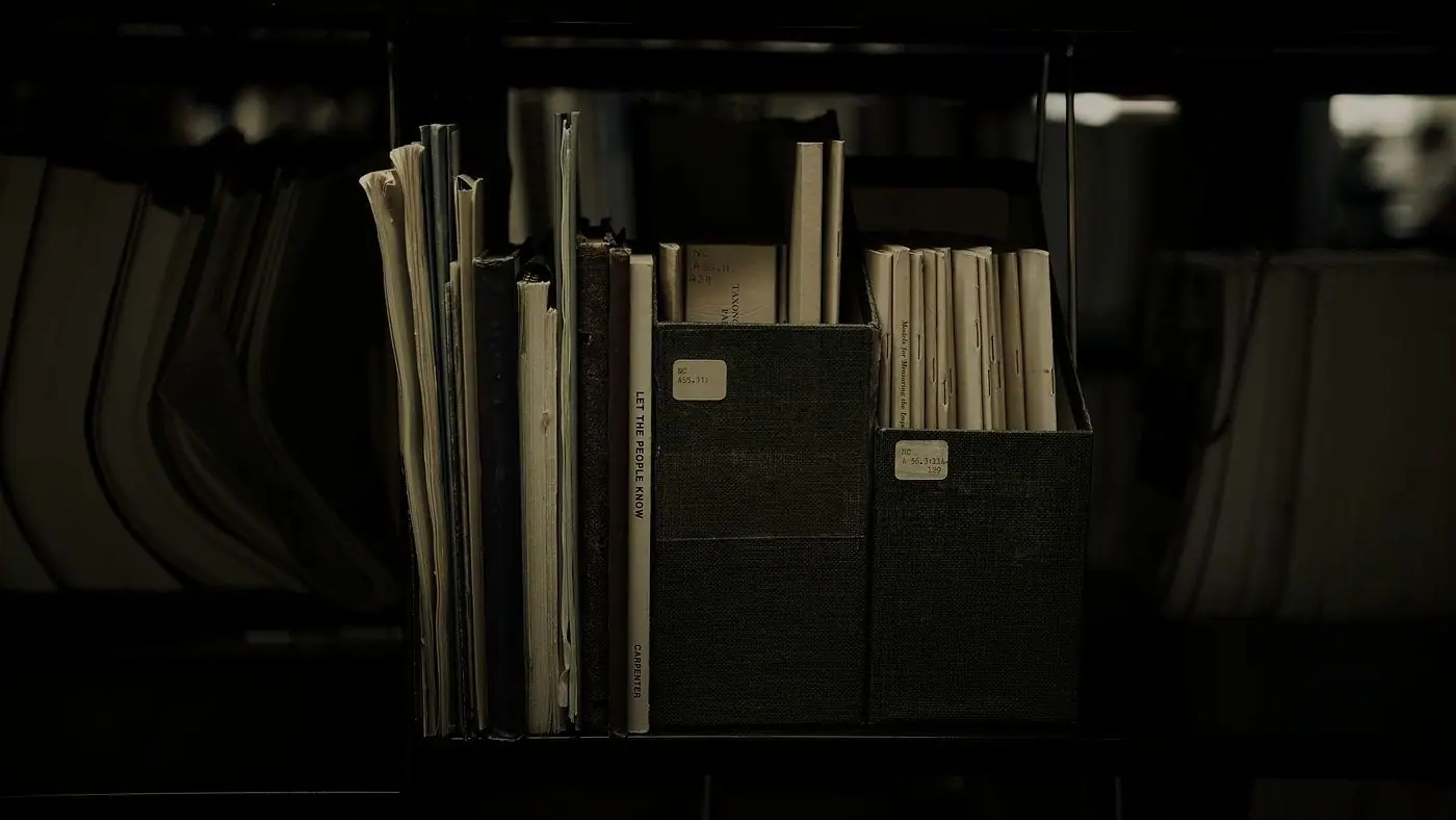 Bound ledgers and document boxes on an archive shelf